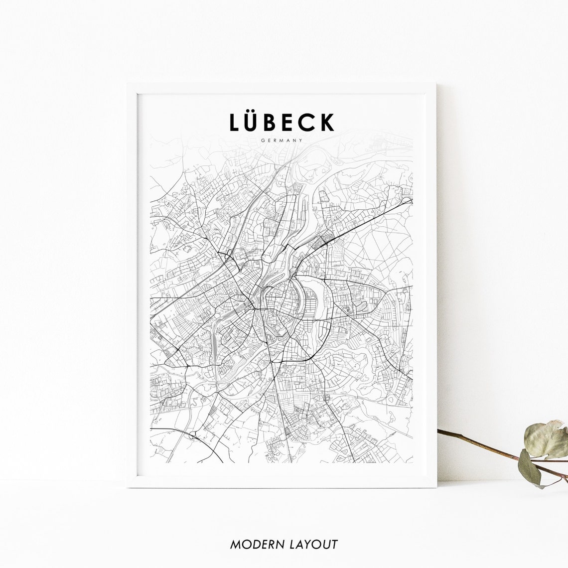 Lubeck Germany Modern Black and White Minimalist City Map Poster