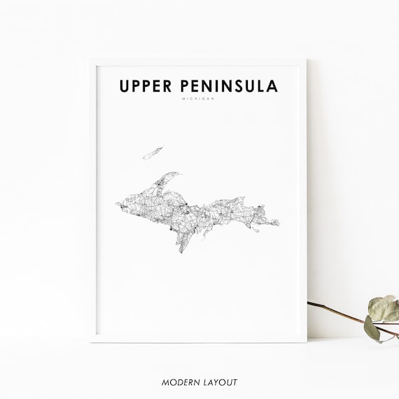 Upper Peninsula Michigan Minimalist Road Map Modern Layout Wall Art