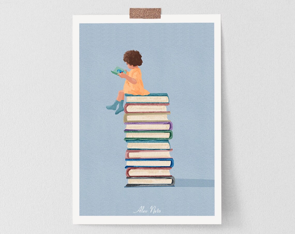Child Reading Atop a Tall Tower of Colorful Books on Blue Poster