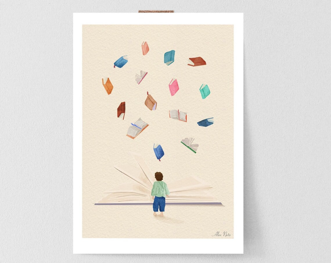 Child Reading as Colorful Books Fly From a Giant Book Poster