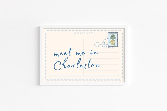 Meet Me In Charleston Postcard Script Pink Gold Coastal Travel Poster