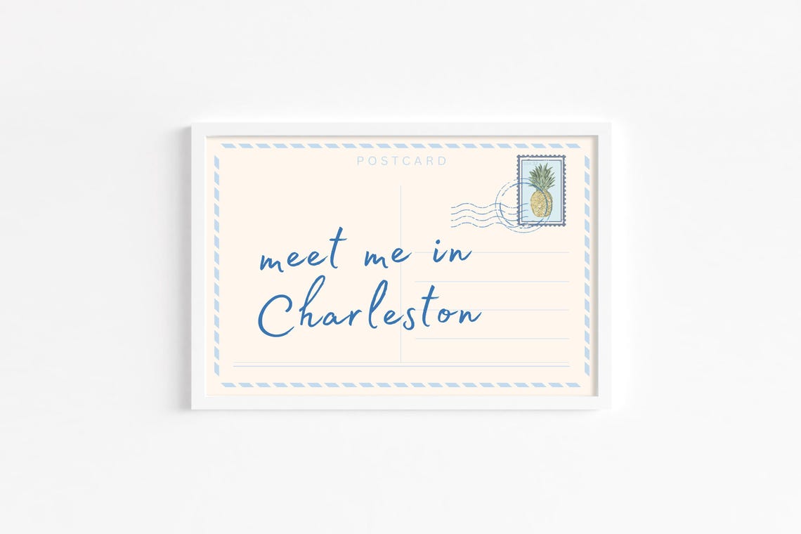 Meet Me In Charleston Postcard Script Pink Gold Coastal Travel Poster