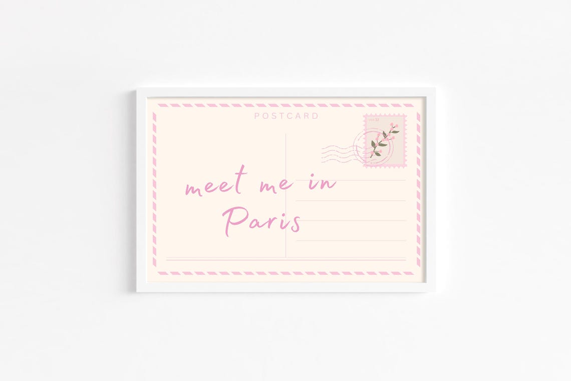 Meet Me In Paris Pink Postcard Style French Romance Travel Poster