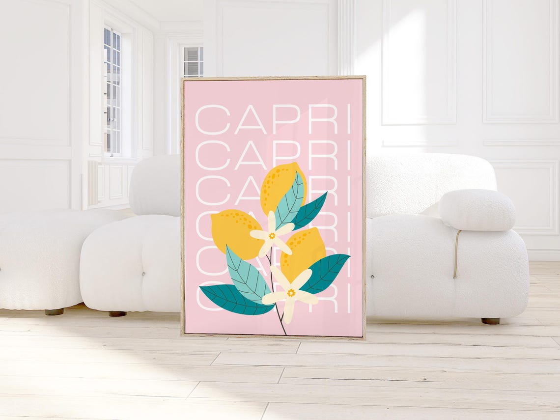 Capri Lemon Blossom Pink Retro Typography Italian Coastal Poster