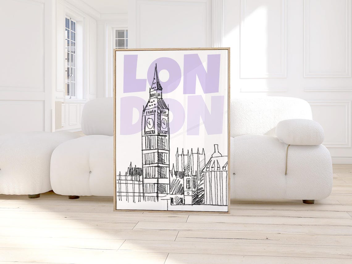 London England Big Ben Sketch Lavender Typography Travel Poster