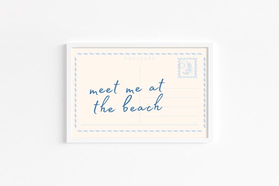 Meet Me at the Beach Script Postcard Style Light Blue Wall Art