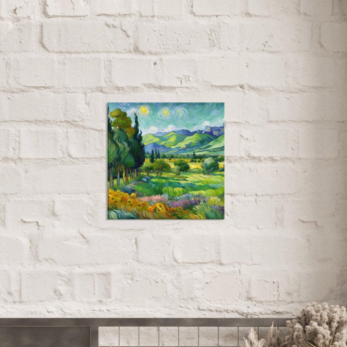 Emerald Valley Cypress Trees Wildflower Fields Mountain View Art Poster - Image 2