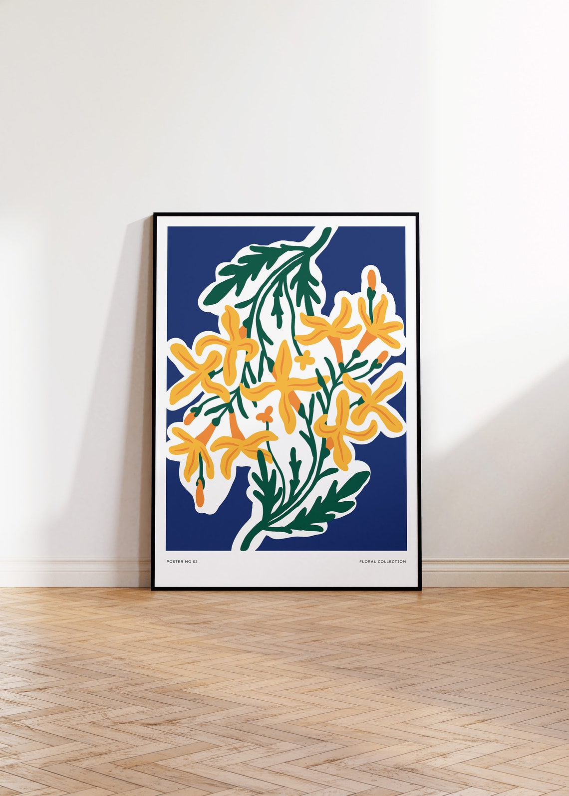 Yellow Blooming Flowers Deep Blue Botanical Collection Poster