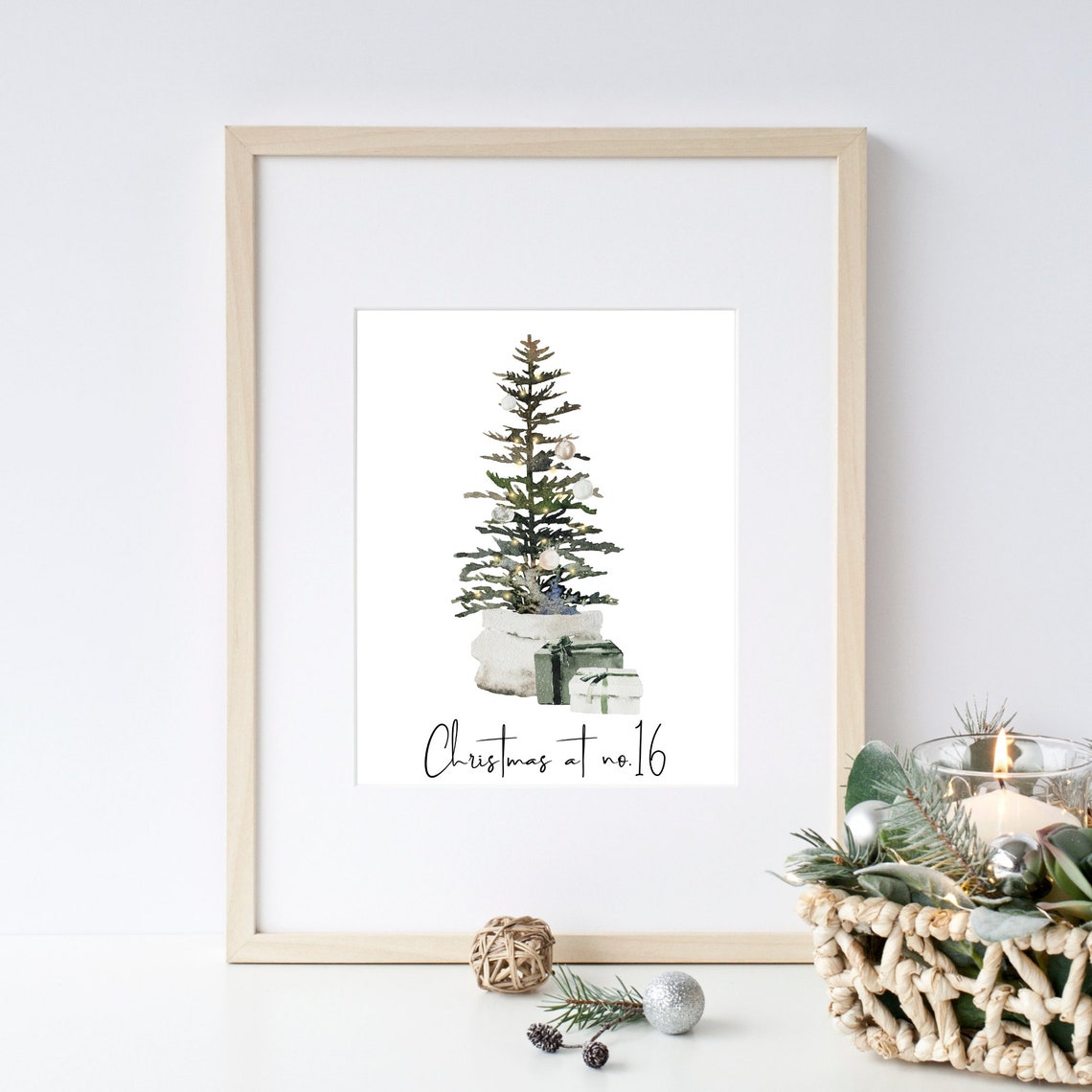 Christmas At No 16 Sparse Pine Tree Gifts Watercolor Holiday Poster - Image 2