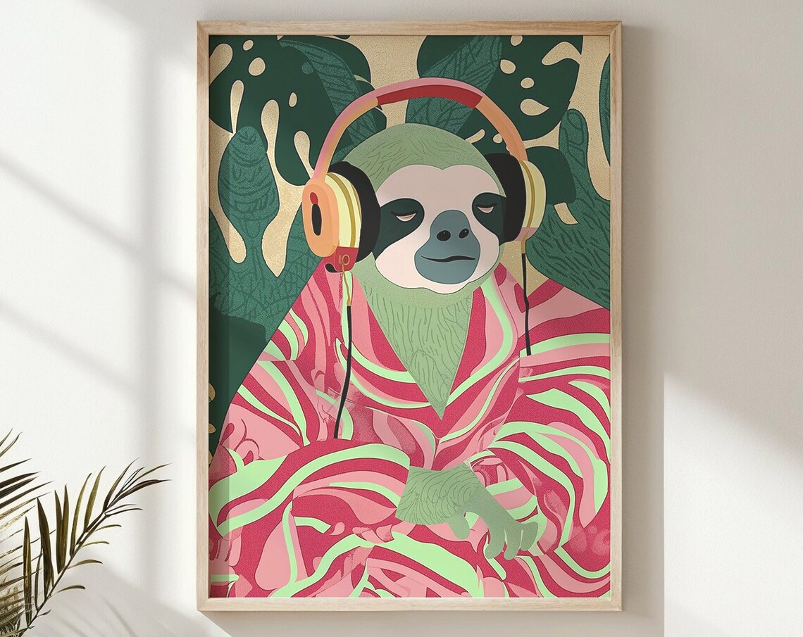 Chill Sloth Wearing Headphones Retro Tropical Jungle Music Art Print