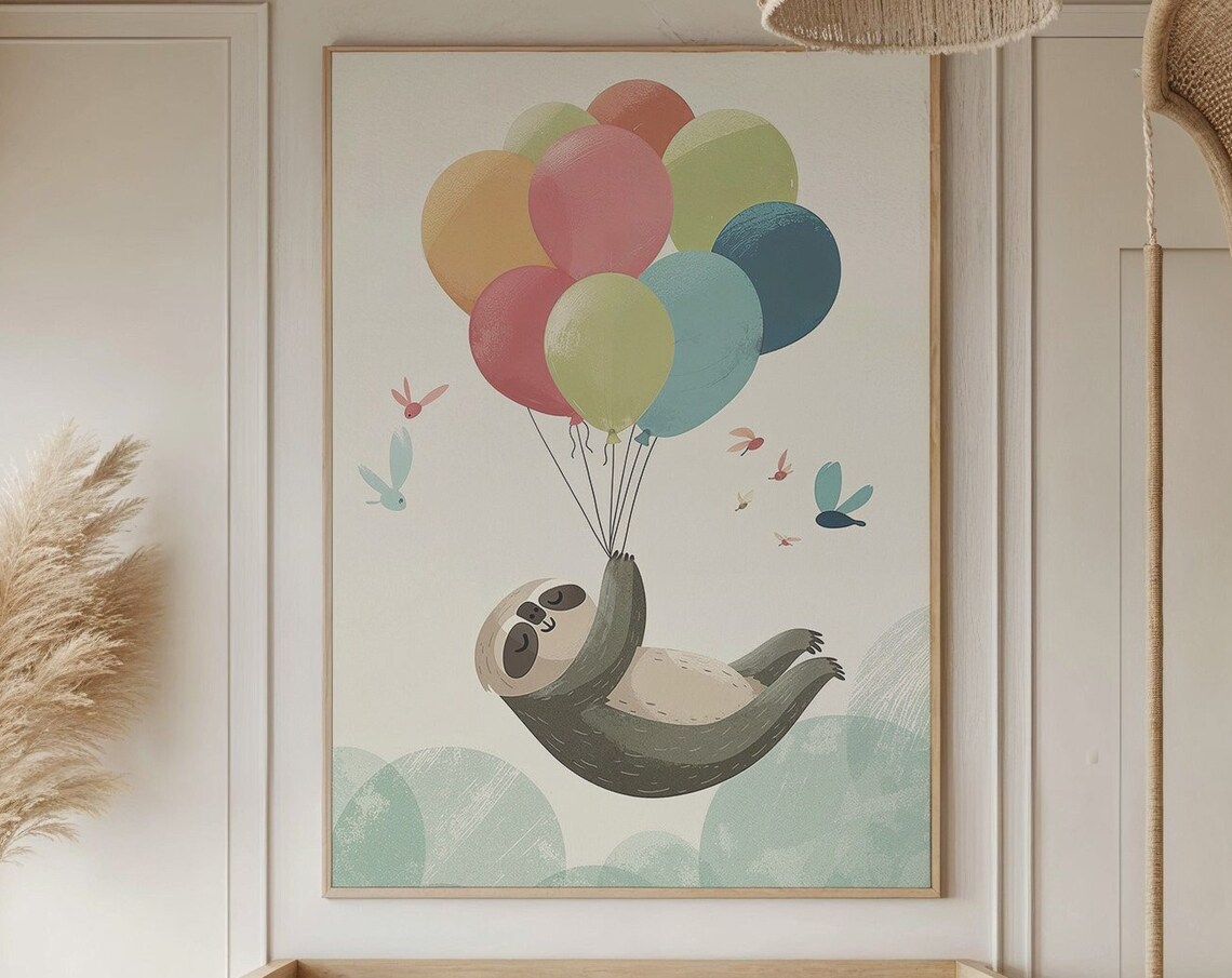 Sloth Balloon Adventure Nursery Wall Art Print