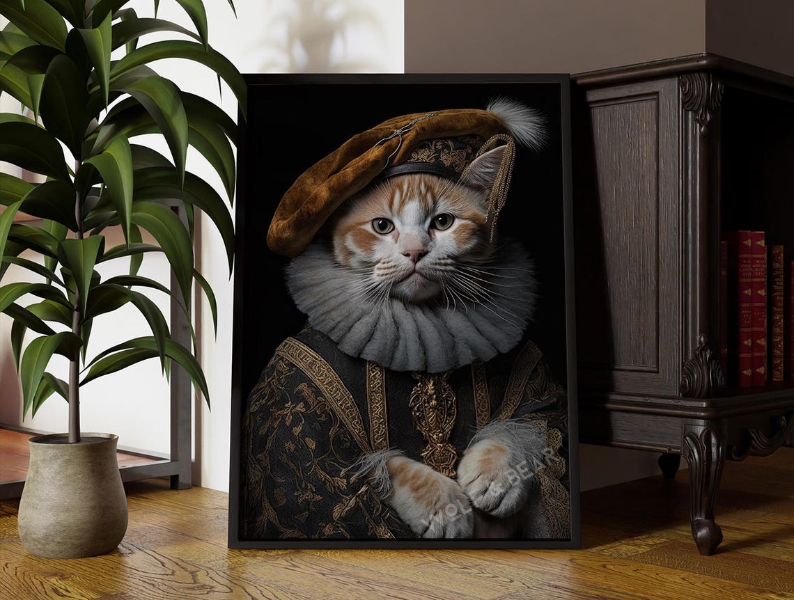 Ginger Cat Renaissance Portrait Velvet Cap Ruff Collar Poster