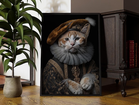 Ginger Cat Renaissance Portrait Velvet Cap Ruff Collar Poster