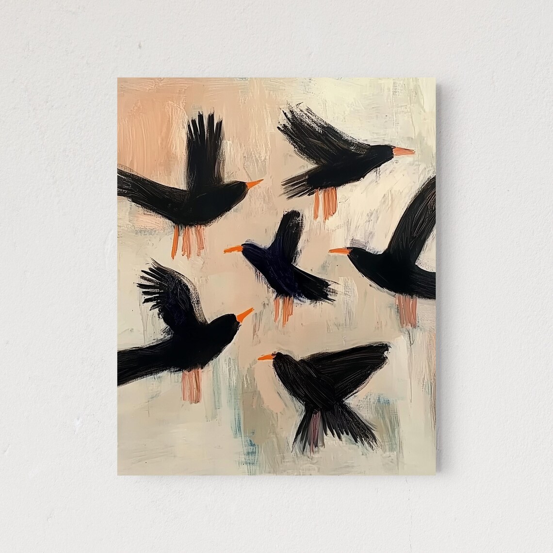 Six Black Birds Orange Beaks Bold Abstract Oil Painting Wall Print