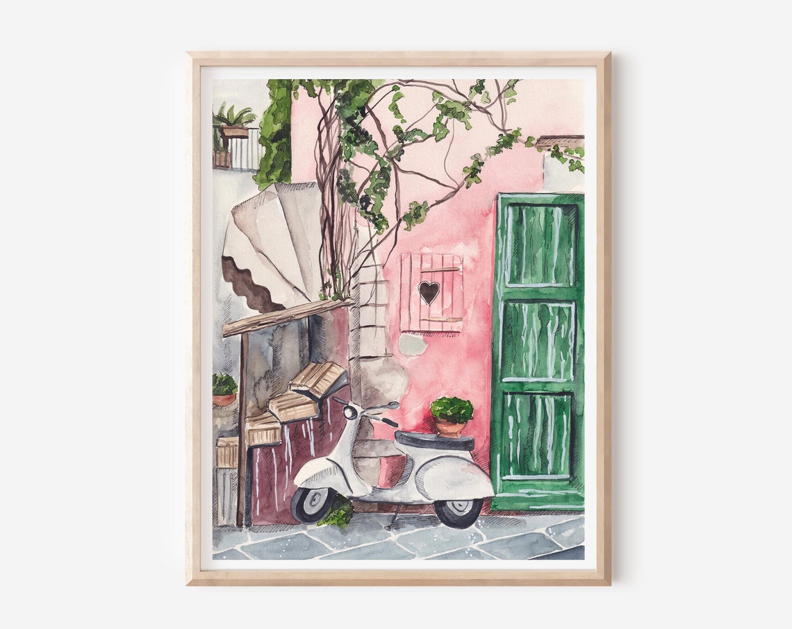 Procida Art Print Italy Poster Naples Travel Print Door Art Print Italian Scooter Wall Art Mediterranean Art Italy Street Print