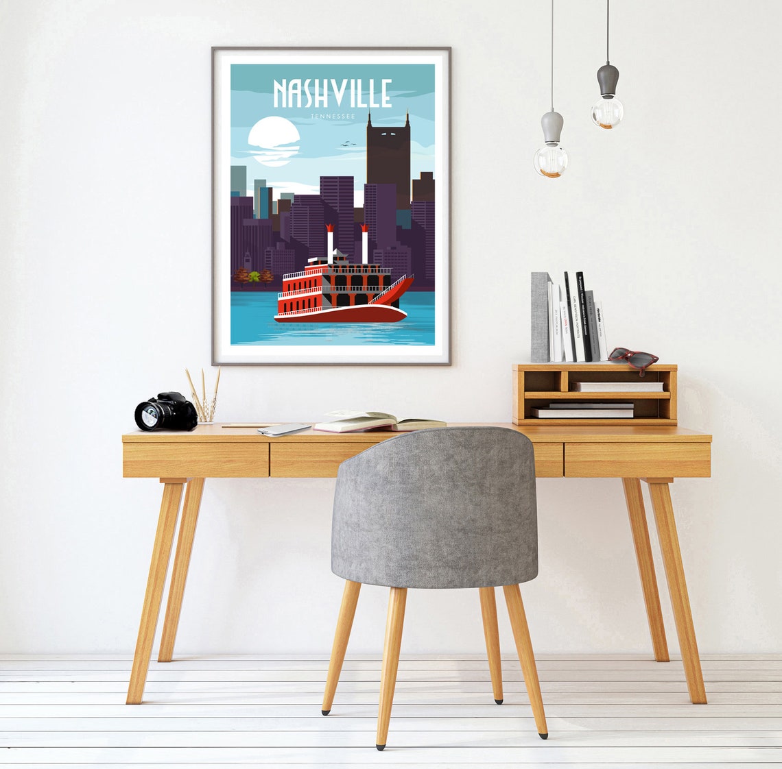 Nashville Tennessee Riverboat Skyline Moon Retro Travel Poster - Image 3
