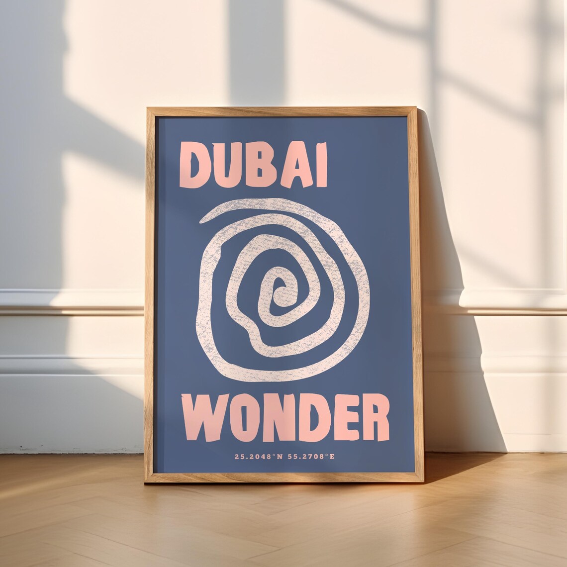 Dubai Wonder Retro Swirl Typography Travel Poster Pink On Navy