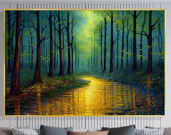 Abstract Forest Oil Painting On Large Wall Art Original Green Tree Painting River Landscape Art Custom Painting Living Room Decor
