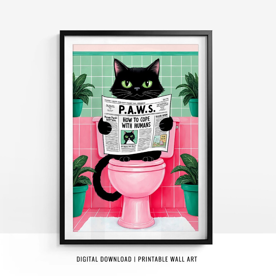 Black Cat Reading P.A.W.S. Newspaper on Pink Toilet Funny Poster