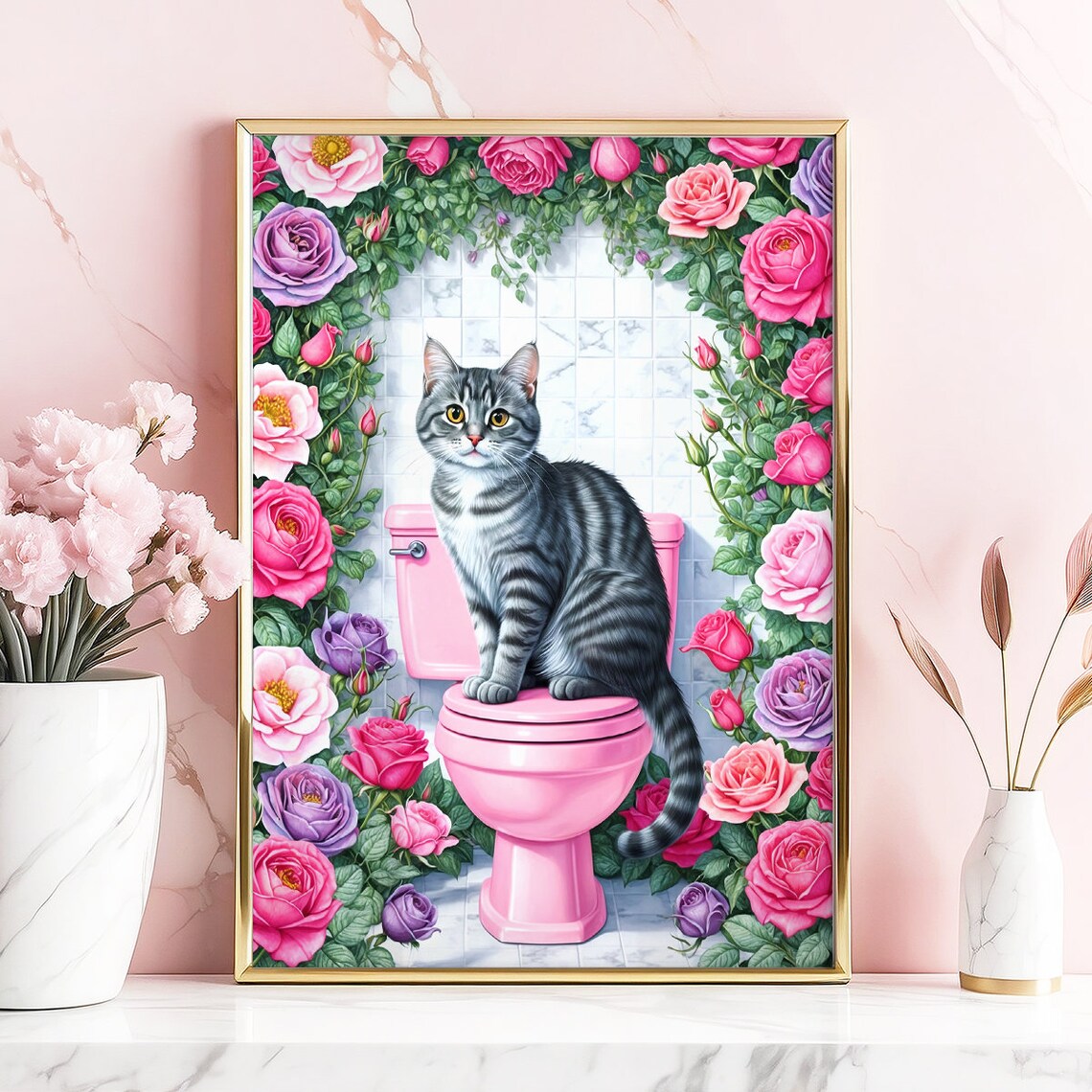 Grey Tabby Cat Sitting On Pink Toilet Lid With Rose Frame Poster - Image 3