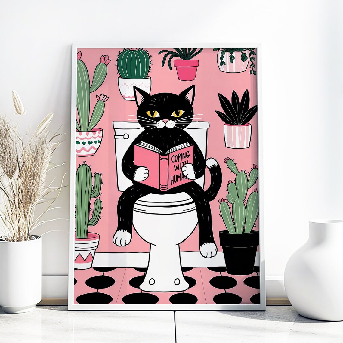 Black Cat Reading Coping With Humans Funny Book Bathroom Poster - Image 2