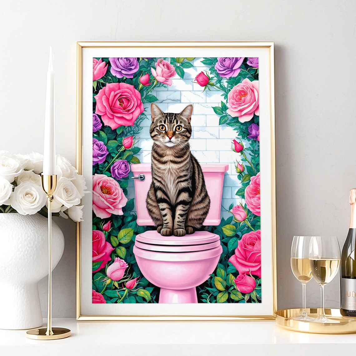 Tabby Cat On Pink Toilet Surrounded By Pink And Purple Roses Poster - Image 5