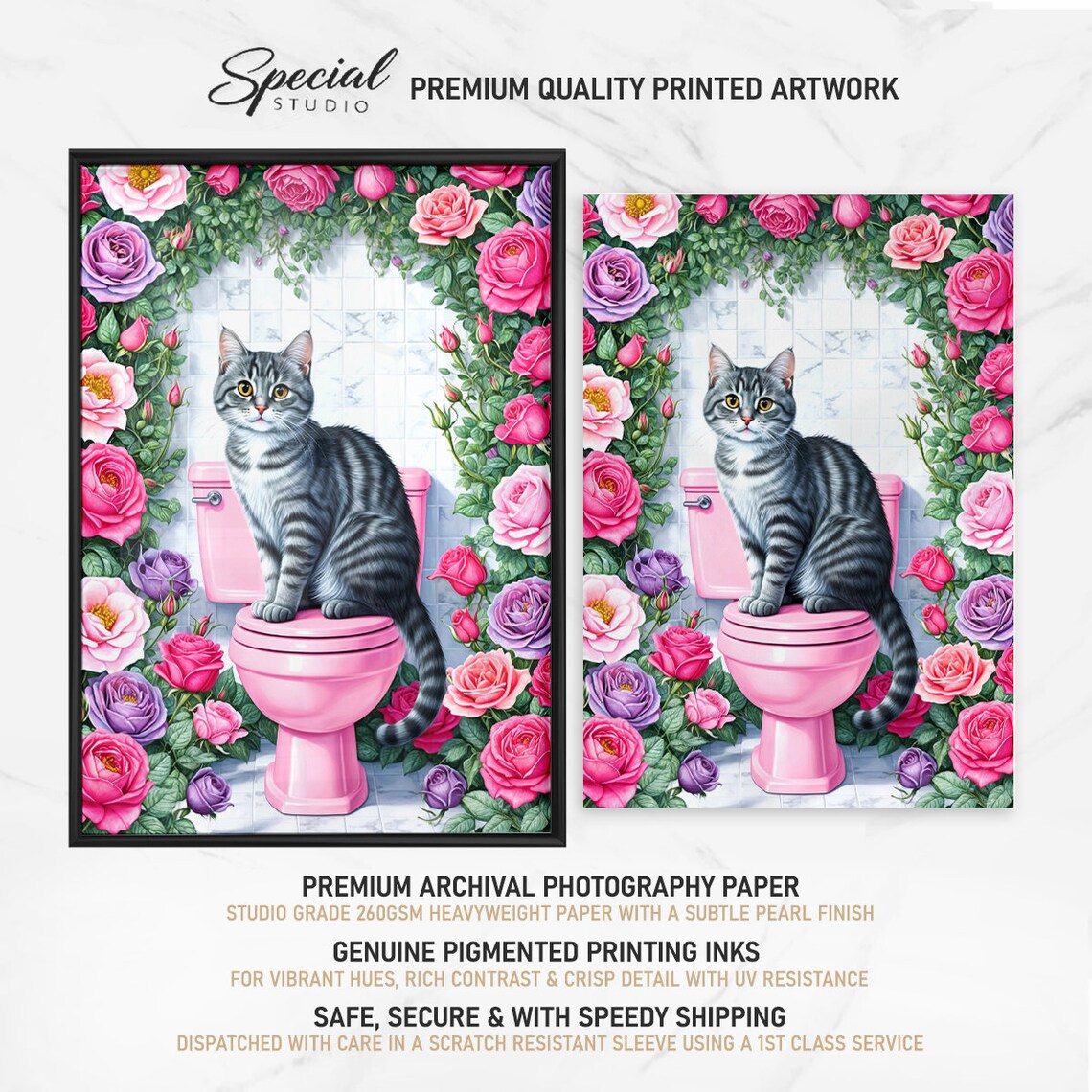 Grey Tabby Cat Sitting On Pink Toilet Lid With Rose Frame Poster - Image 2