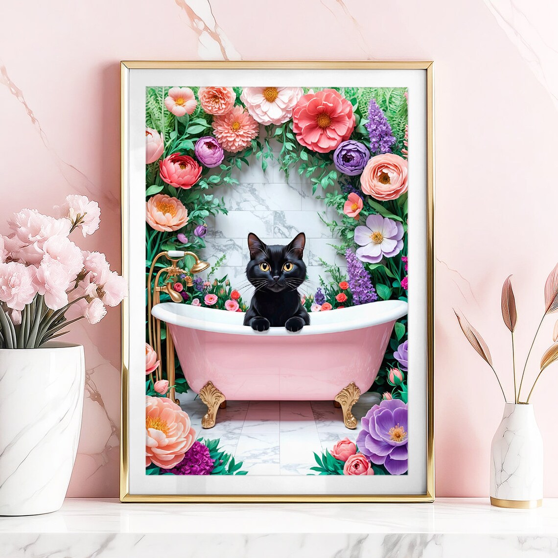 Black Cat Coral Floral Pink Bathtub Rose Garden Bathroom Wall Poster