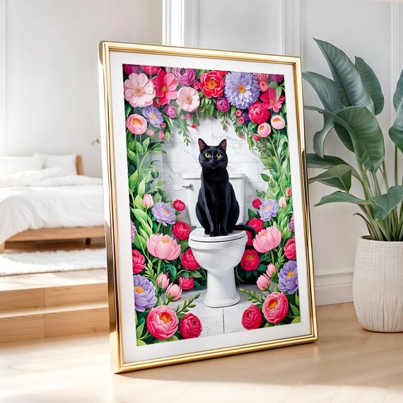 Black Cat Toilet Flower Arch Funny Pink Bathroom Decor Poster