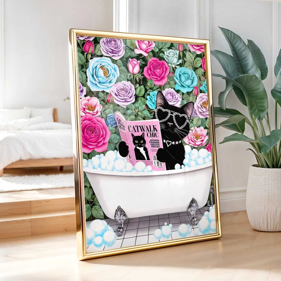 Black Cat Reading Catwalk Chic In Bubble Bath With Roses Poster - Image 2