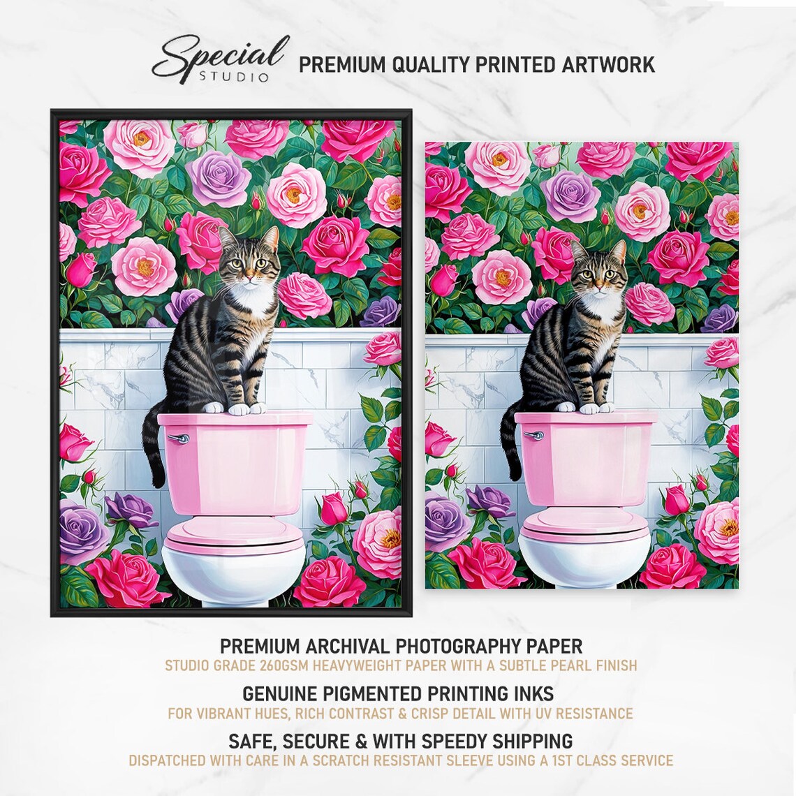 Tabby Cat Perched On Pink Toilet Tank Among Pink Roses Poster - Image 2