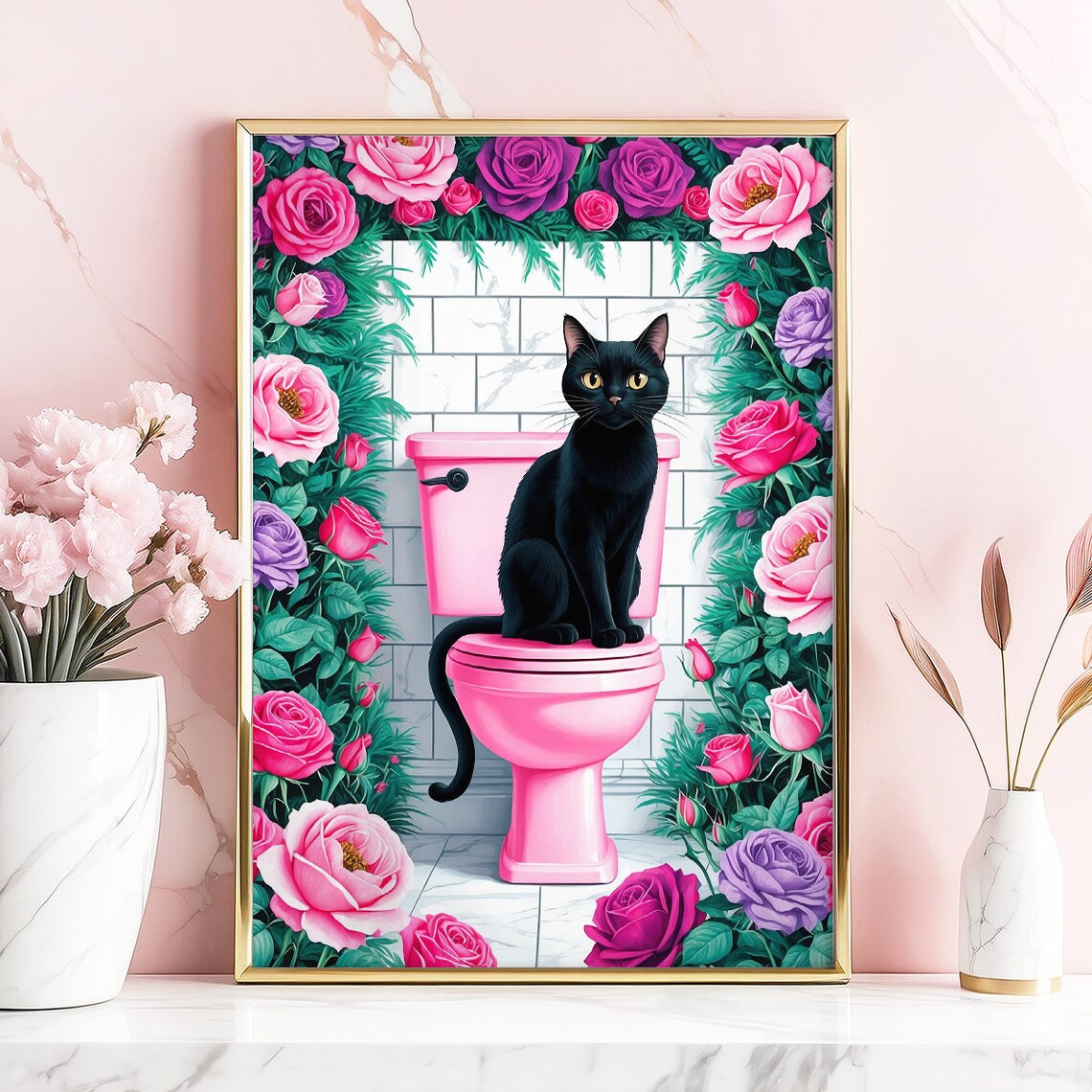Funny Black Cat On Pink Toilet With Pink Rose Garden Frame Poster - Image 3