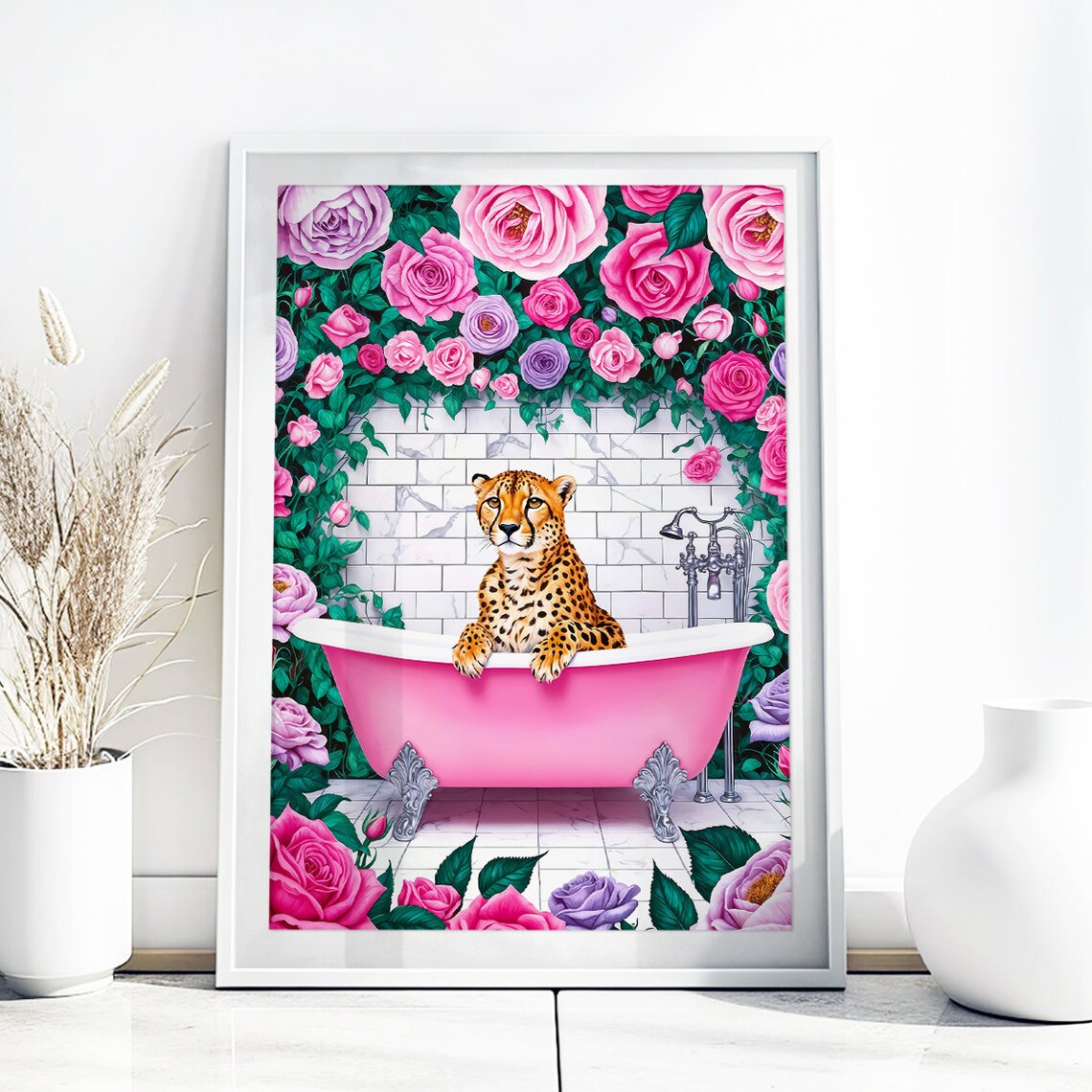 Cheetah In Pink Bathtub Surrounded By Roses Bathroom Wall Poster - Image 2