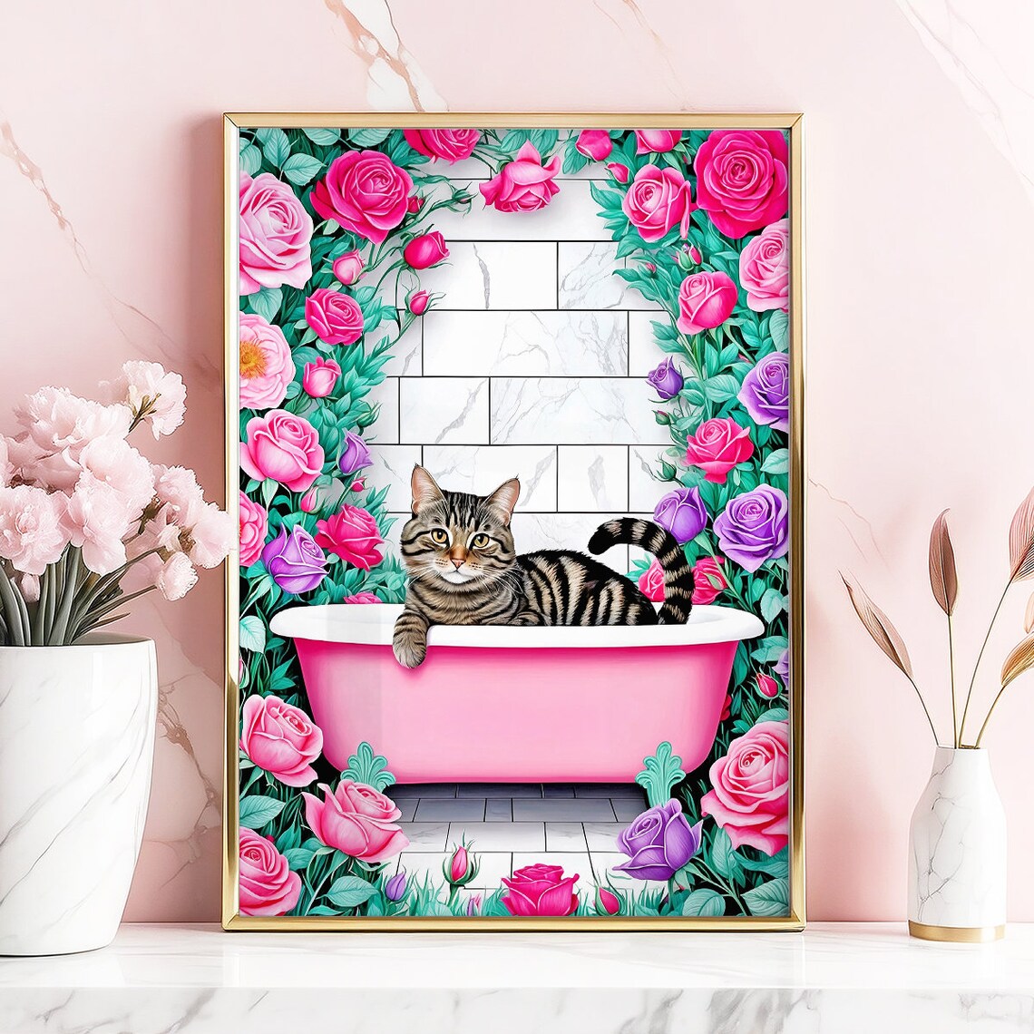 Tabby Cat Pink Bathtub Roses Funny Bathroom Floral Wall Poster - Image 5