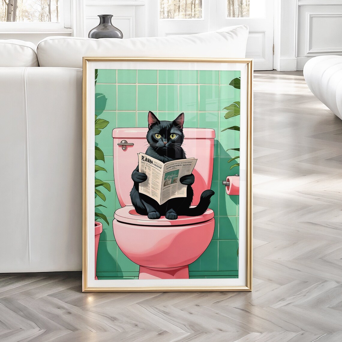 Black Cat Reading Newspaper on Pink Toilet Funny Bathroom Poster