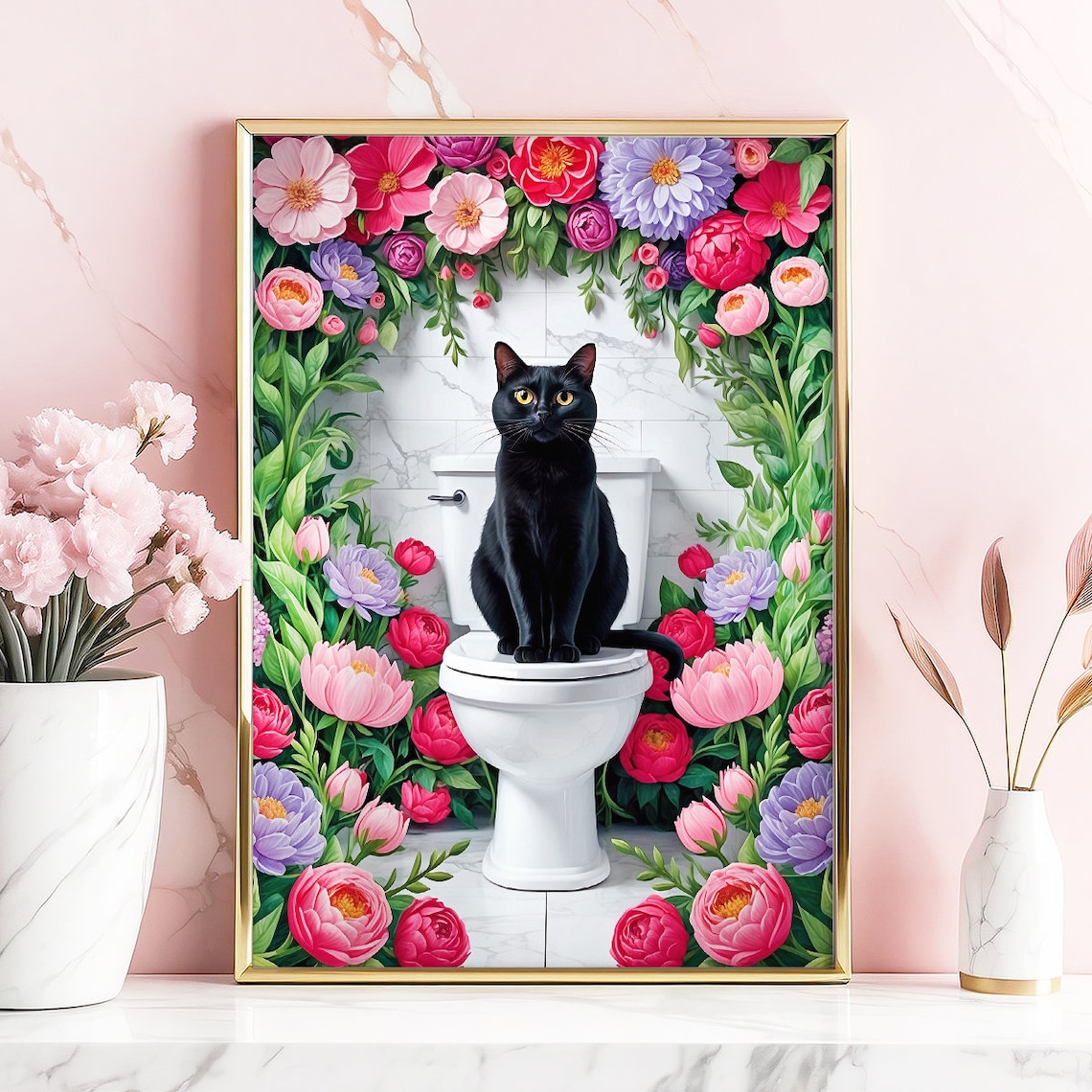 Black Cat Toilet Flower Arch Funny Pink Bathroom Decor Poster - Image 5