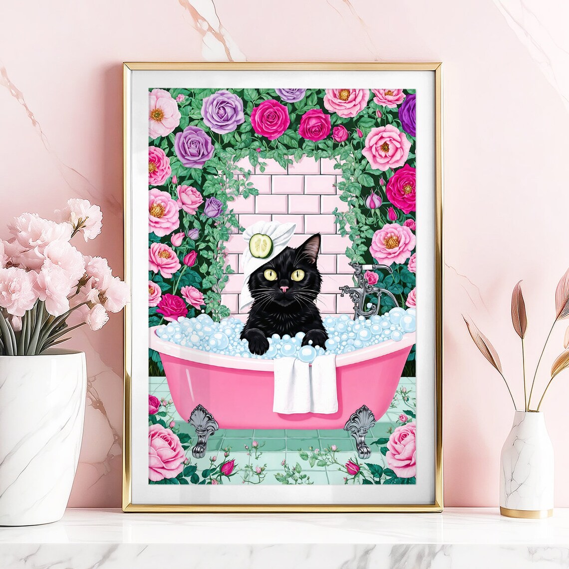Black Cat In Pink Bubble Bath With Towel Wrap And Roses Poster - Image 5
