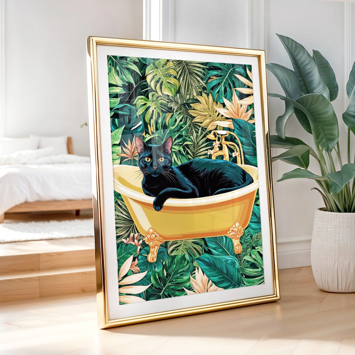 Black Cat In Golden Bathtub With Tropical Monstera Leaves Poster - Image 5