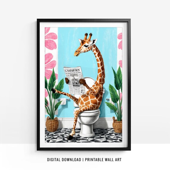 Giraffe Reading Safari Sun Newspaper Funny Bathroom Decor Poster