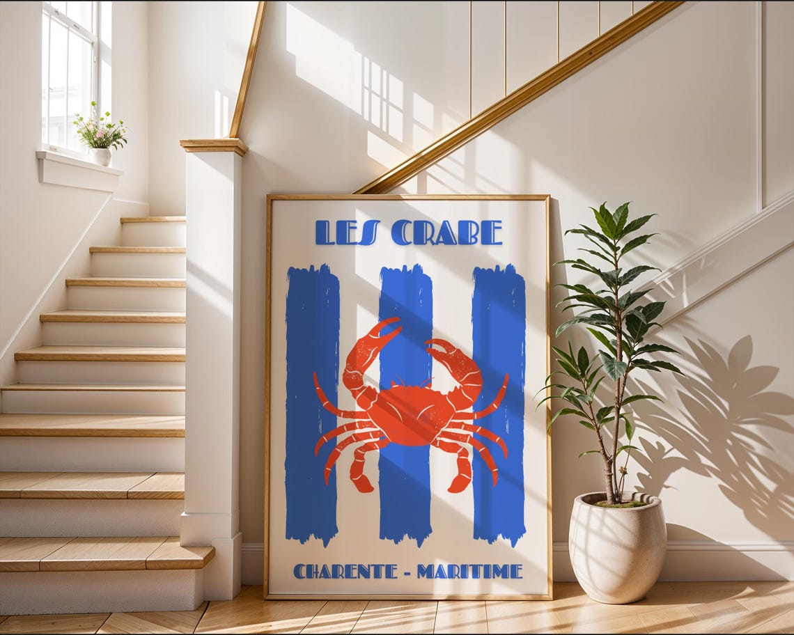 Les Crabe Blue Striped Crab Poster French Nautical Kitchen Decor - Image 2