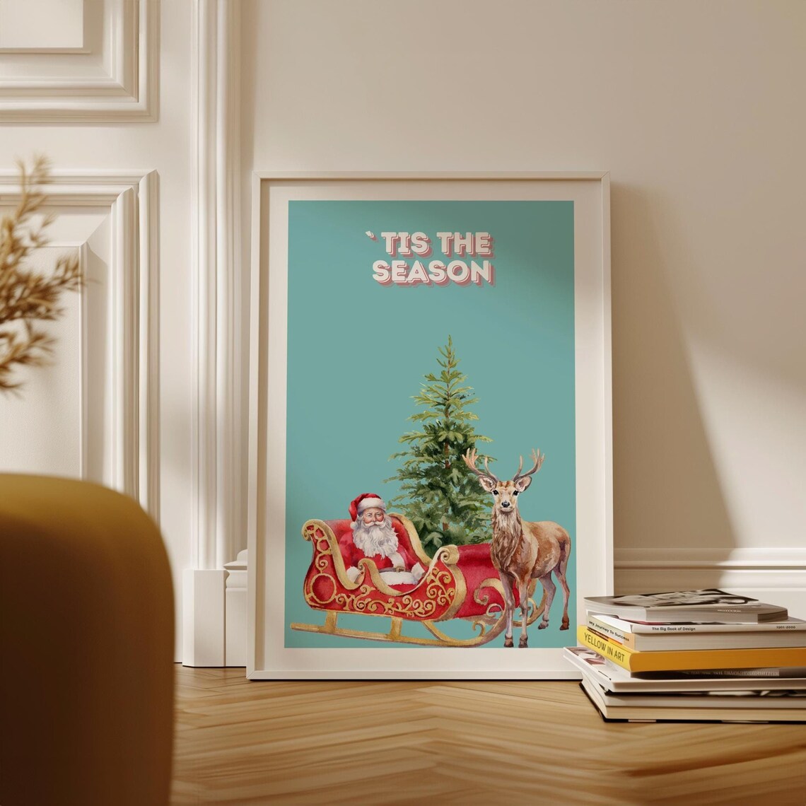 Tis The Season Santa Sleigh Reindeer Teal Christmas Time Poster