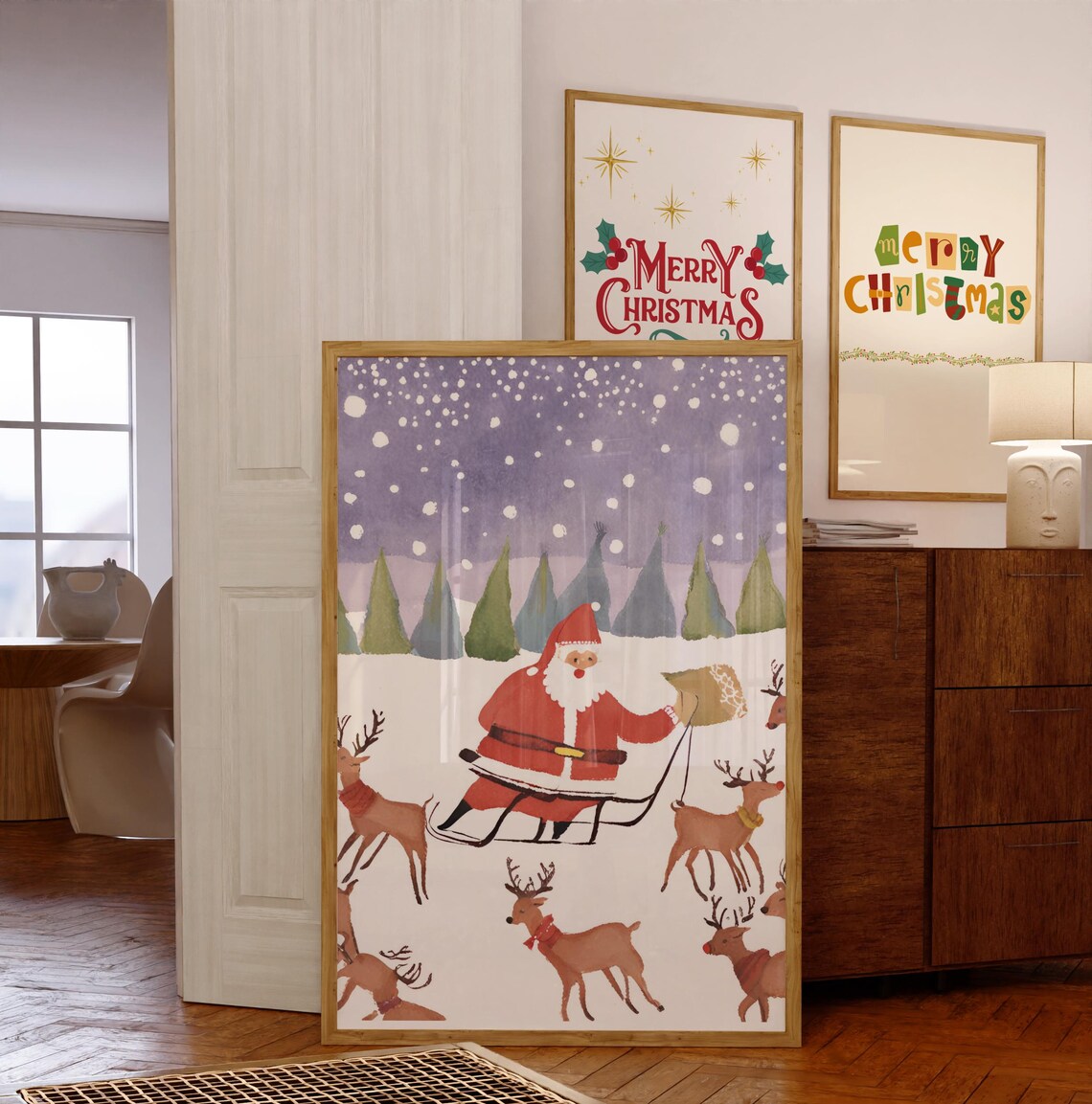 Santa Sleigh with Reindeer Poster Snowy Nordic Christmas Scene