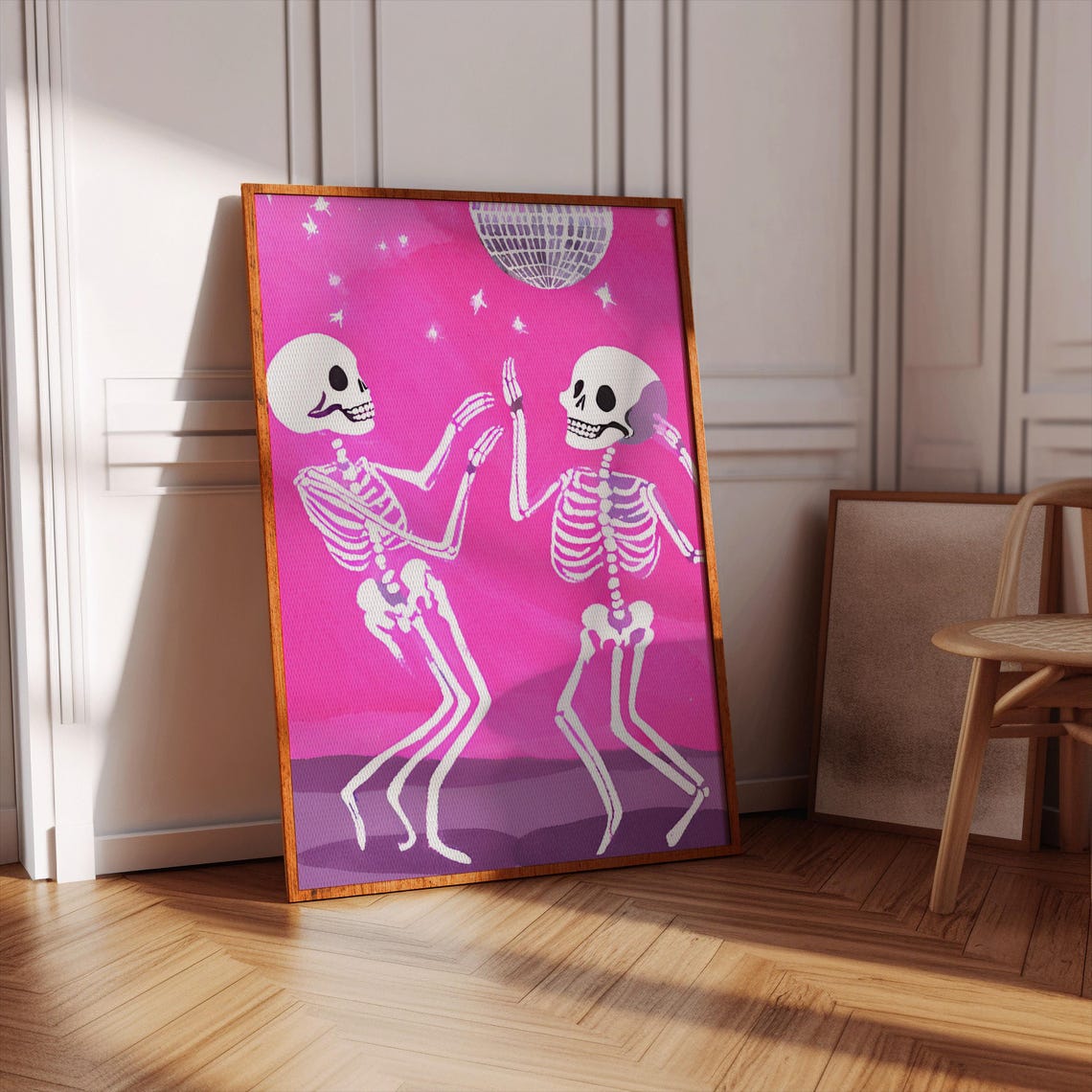 Dancing Skeletons Disco Ball Hot Pink Halloween Party Poster