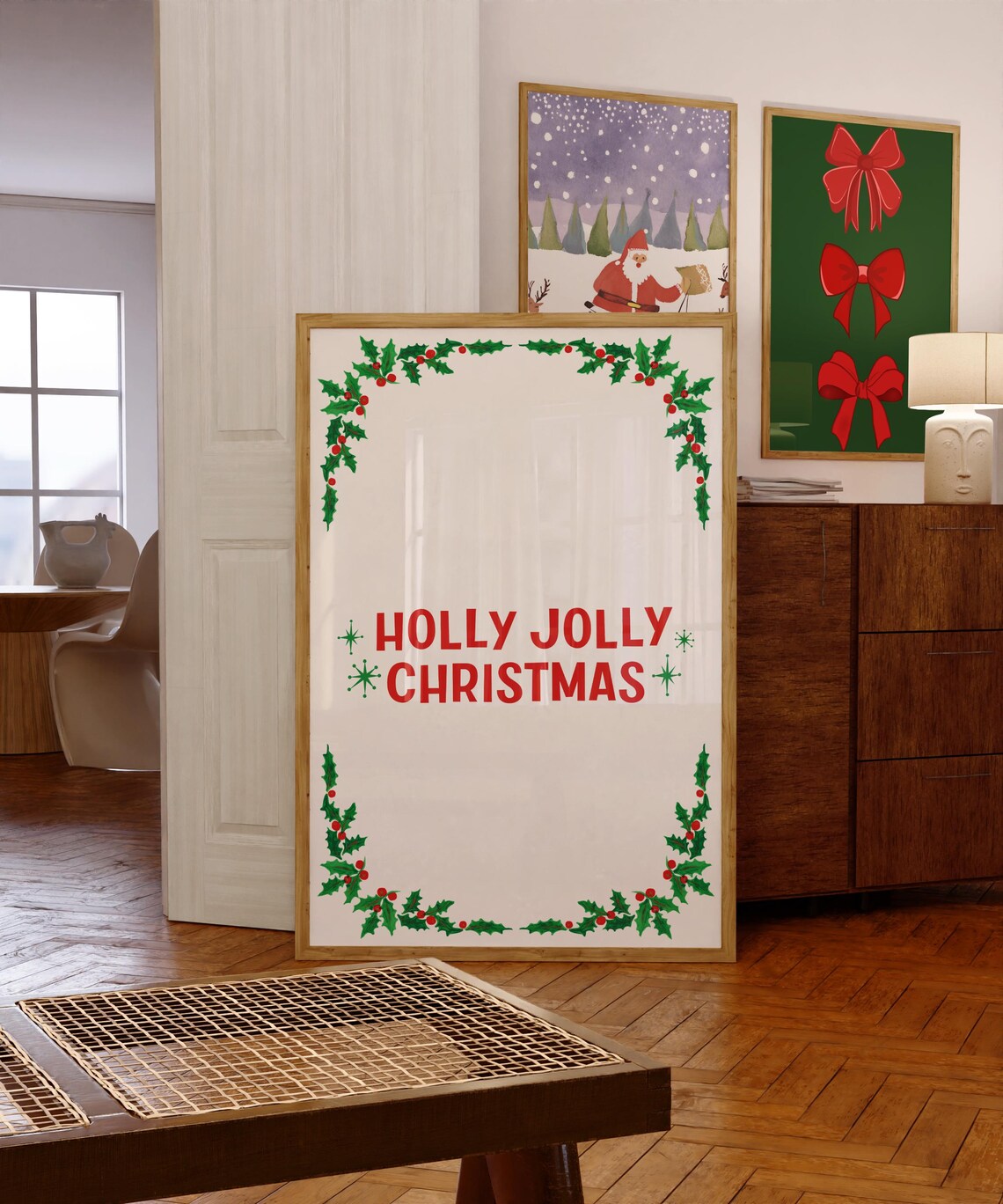 Holly Jolly Christmas Poster with Holly Border Retro Holiday Art - Image 3