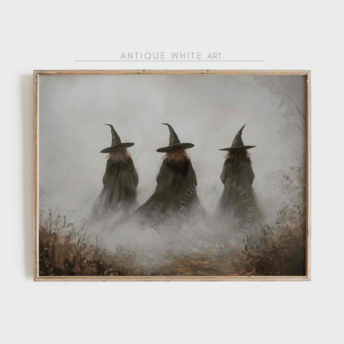 Three Witches Foggy Field Dark Halloween Witchy Vintage Spooky Poster