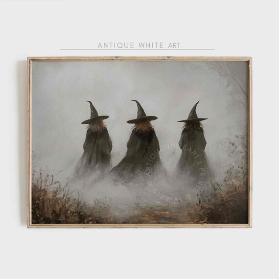 Three Witches Foggy Field Dark Halloween Witchy Vintage Spooky Poster