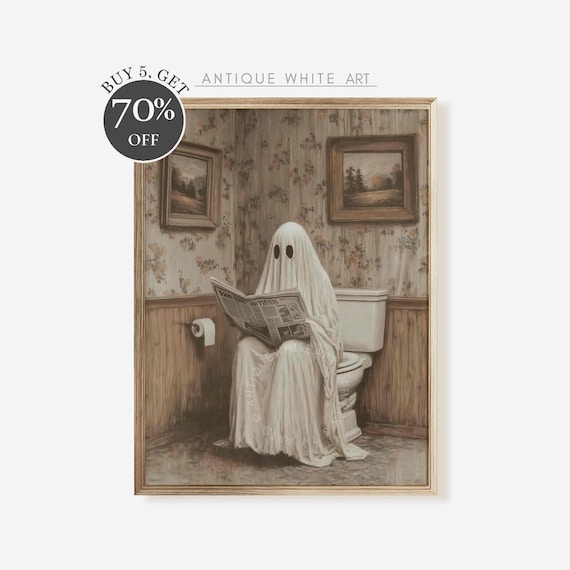Ghost Reading Newspaper On Toilet In Vintage Bathroom Funny Halloween Poster