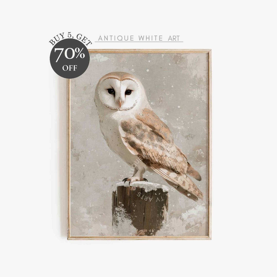 Barn Owl Perched On Snowy Post Neutral Winter Painting Wall Art