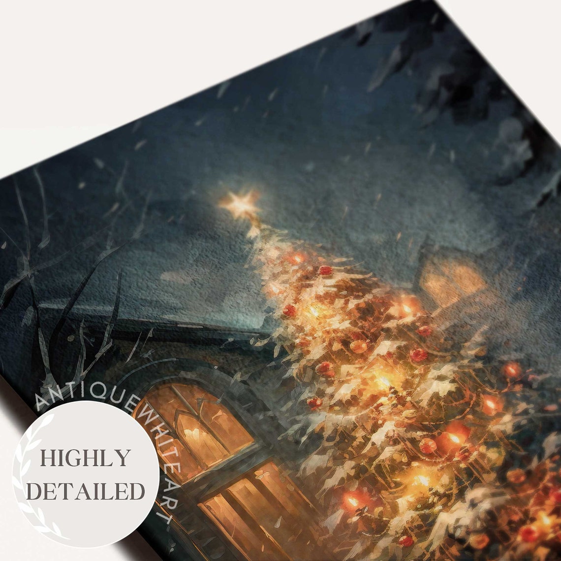Glowing Christmas Tree Night Snow Church Windows Moody Holiday Poster - Image 4