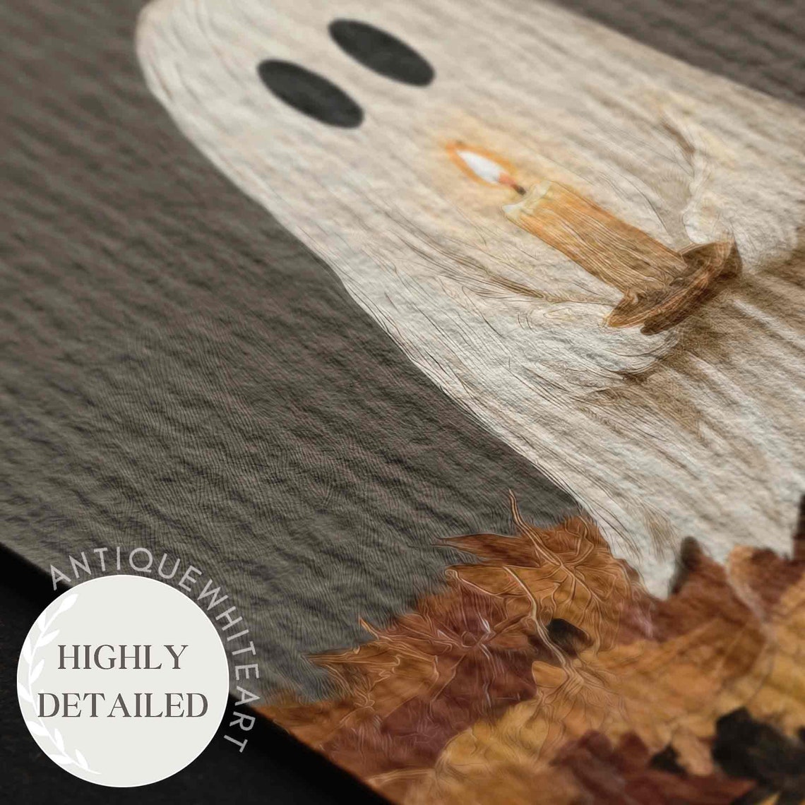 Cute Ghost Candle Autumn Leaves Dark Cozy Halloween Fall Decor Poster - Image 2